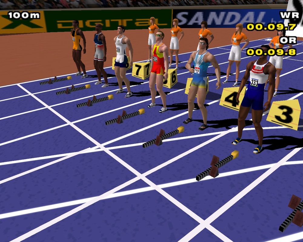 Sergei Bubka's Millennium Games (Windows) screenshot: The competitors get on their marks.