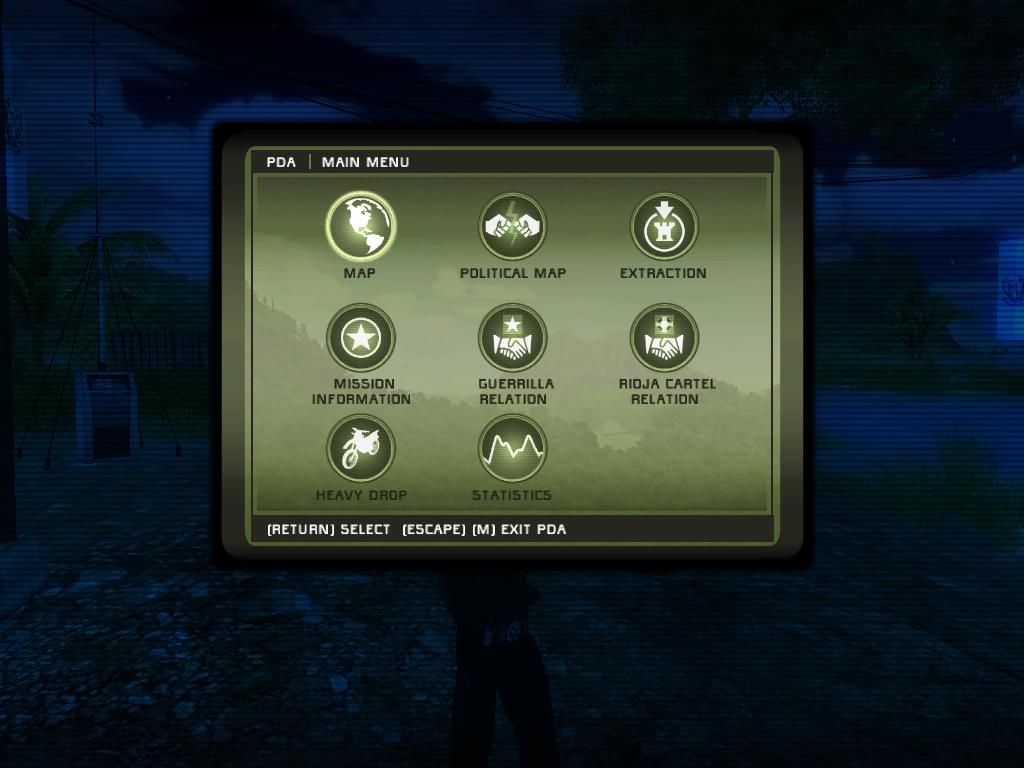 Just Cause (Windows) screenshot: PDA - basically the equivalent of the Escape button and Map button all-in-one