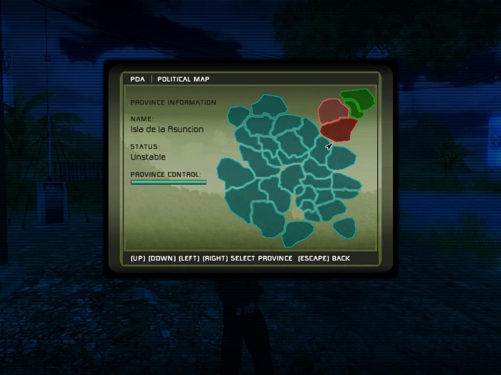 Just Cause (Windows) screenshot: PDA - political map: provides information controlling political factions in the land.