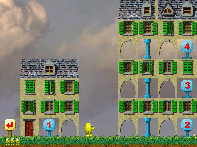 Speedy Blupi (Windows) screenshot: Macro-level map of a stage that features a lot of houses and and clouds.