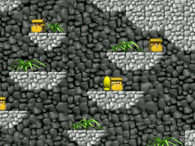 Speedy Blupi (Windows) screenshot: Lots of treasure and vegetation in this cave