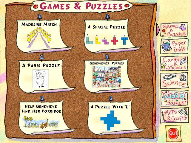 Madeline's Rainy Day Activities (Windows) screenshot: Printable offline activities -- games & puzzles
