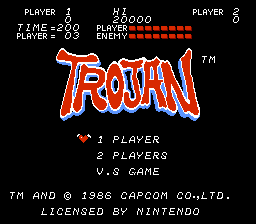 Trojan (NES) screenshot: English title screen