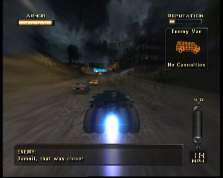 Batman Begins (Xbox) screenshot: Using turbo boost to gain on speed rather quickly.