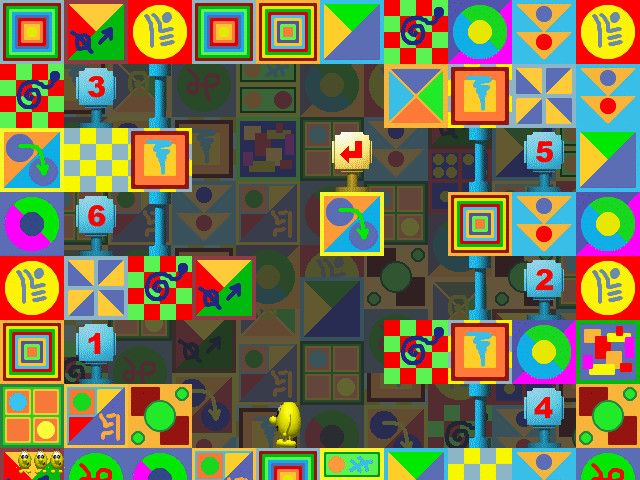 Speedy Blupi (Windows) screenshot: Macro-level map for a stage based on glyphs