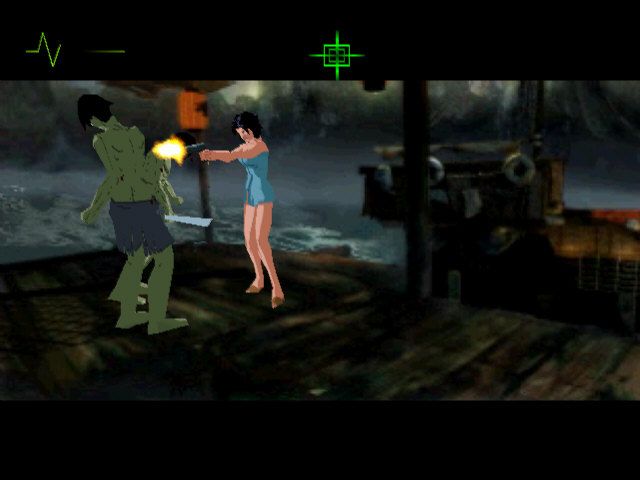 Fear Effect (PlayStation) screenshot: Fighting off zombies while wearing only a bath towel.