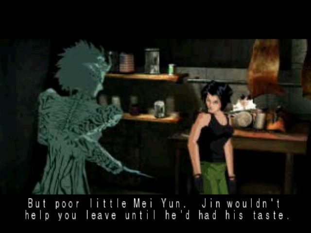 Fear Effect (PlayStation) screenshot: Hana faces off against demon Chen
