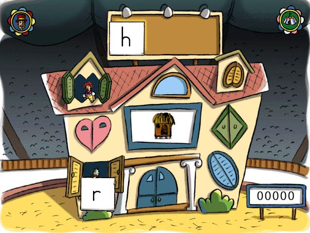 Curious George Learns Phonics (Windows) screenshot: Fun House activity -- using the randomly-appearing letters, build a word that represents the picture in the middle