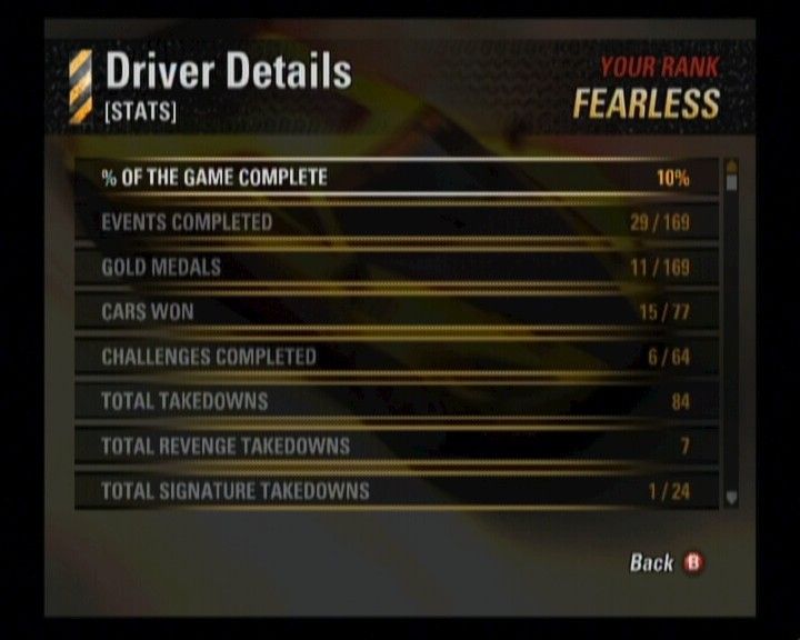 Burnout: Revenge (Xbox) screenshot: Driver details, statistics