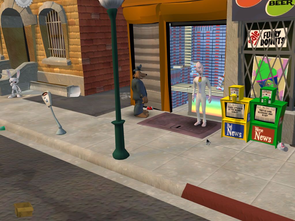 Sam & Max: Episode 4 - Abe Lincoln Must Die! (Windows) screenshot: There is a new store in the street. Hugh Bliss from the previous episode is selling his books.