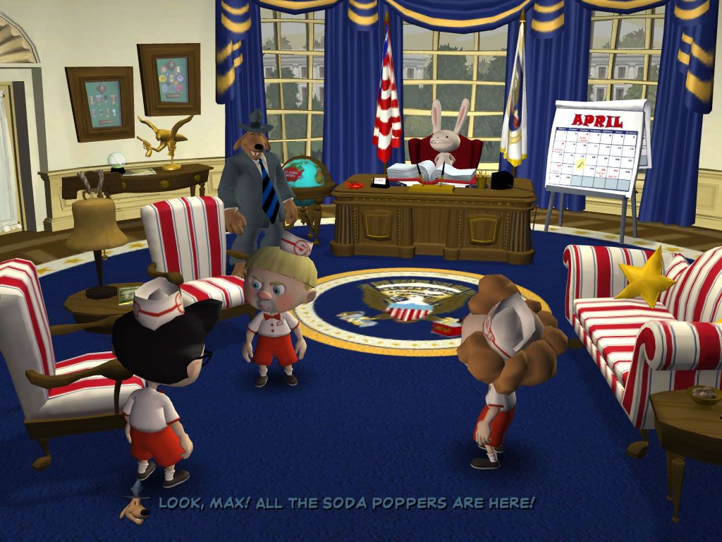 Sam & Max: Episode 4 - Abe Lincoln Must Die! (Windows) screenshot: Max becomes president of the United States, and the three Soda Poppers are governors of the Dakota states.