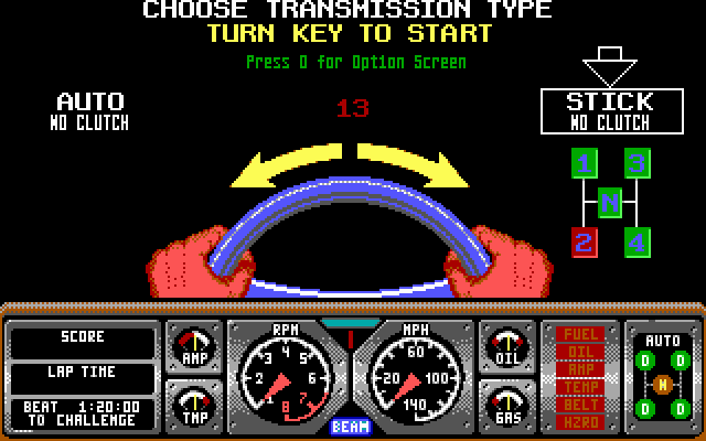 Hard Drivin' (DOS) screenshot: choose a transmission type - EGA