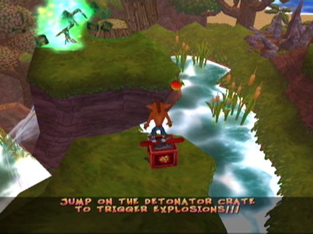 Crash Twinsanity (Xbox) screenshot: Stomping on the plunger will activate far-off dynamite.