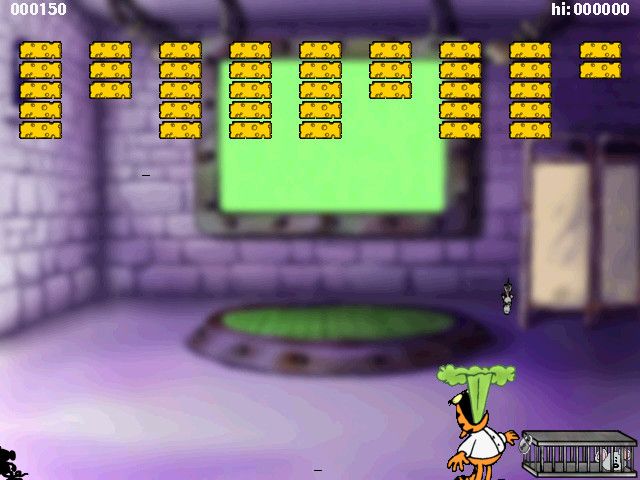 Garfield's Mad About Cats (Windows) screenshot: Burp Game: Keep a mouse in play with your vulgarity in order to collect all the cheese blocks.