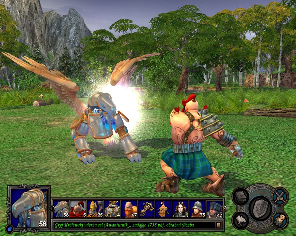 Heroes of Might and Magic V: Hammers of Fate (Windows) screenshot: Royal Griffin vs. Brawler.