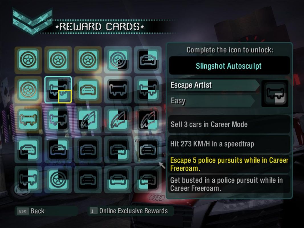 Need for Speed: Carbon (Windows) screenshot: Reward Cards Chart: Here you can view what cards you have unlocked and which are missing in order to unlock various extras.