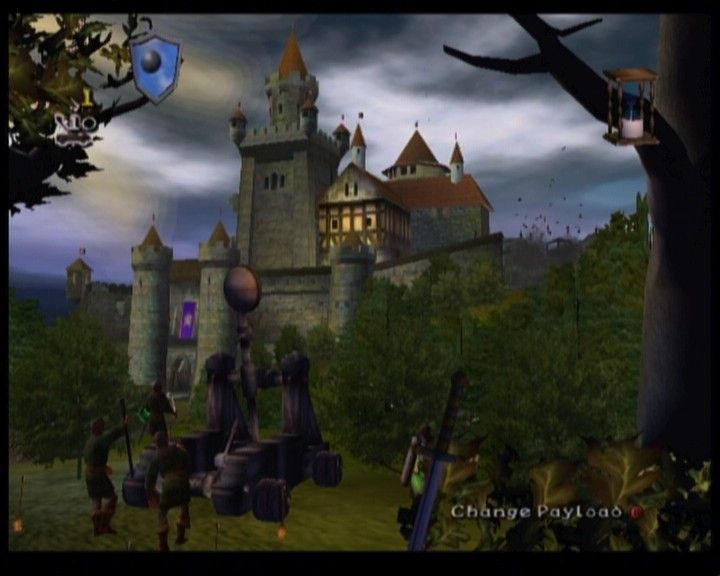Robin Hood: Defender of the Crown (Xbox) screenshot: Taking down the castle walls... and hopefully some enemy troops as well.