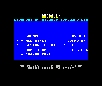 HardBall! (ZX Spectrum) screenshot: Main menu