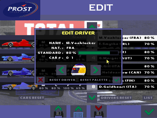 Prost Grand Prix 1998 (DOS) screenshot: Drivers can be edited too