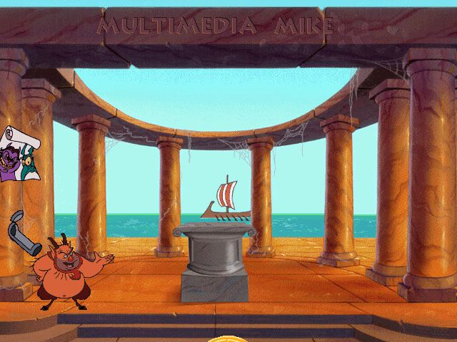 Disney's Hades Challenge (Windows) screenshot: Phil gives you your quest briefing in your presently empty hero trophy room