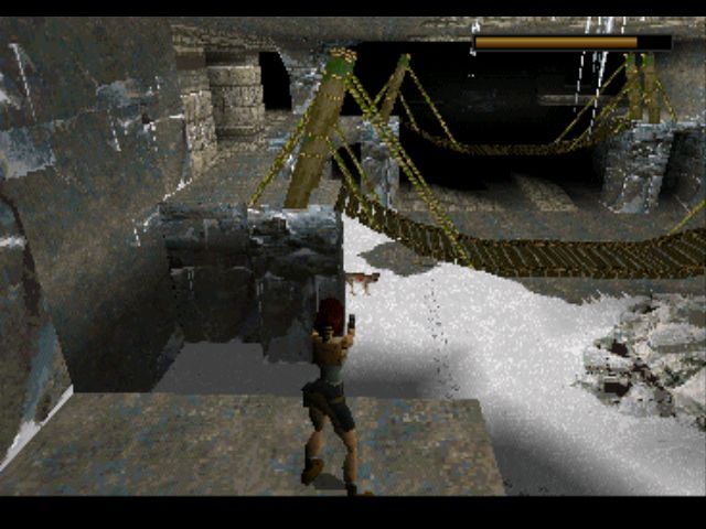 Tomb Raider (PlayStation) screenshot: Shooting at a wolf from a safe distance.