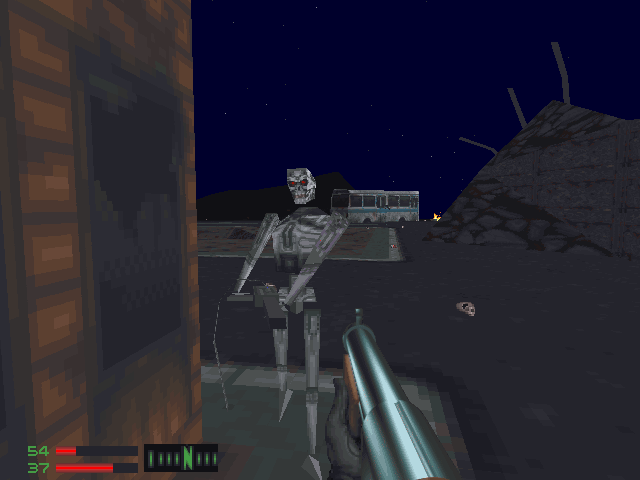 SkyNET (DOS) screenshot: Primitive-looking Terminators, like the one seen here, are the backbone of SkyNET's army. Don't be fooled by them being a basic combat chassis, they can be nasty enough.