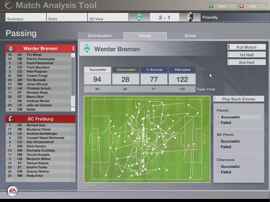 FIFA Manager 06 (Windows) screenshot: The MAT. All passes made during the game are displayed here.