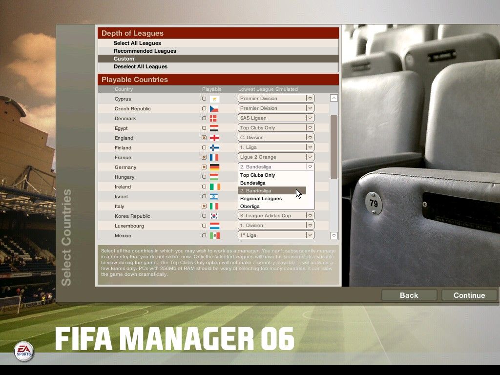 FIFA Manager 06 (Windows) screenshot: Players can now choose the depth of each league.