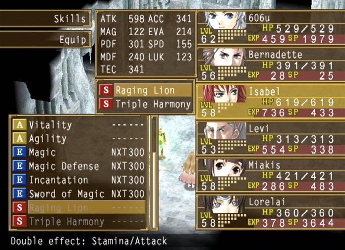 Suikoden V (PlayStation 2) screenshot: Master skills and pick two to equip
