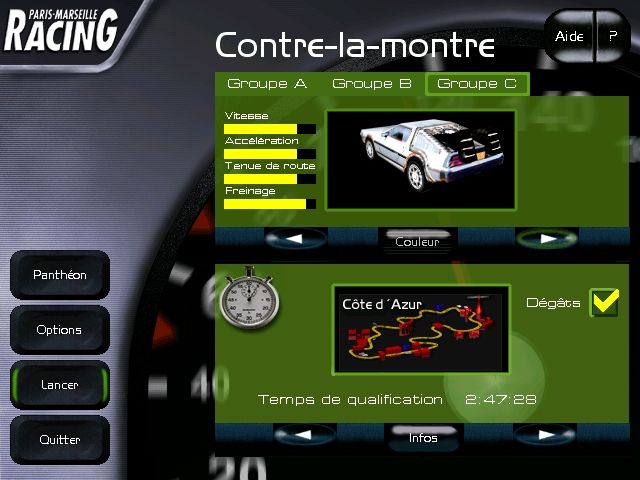 Paris-Marseille Racing (Windows) screenshot: Selecting a car and track