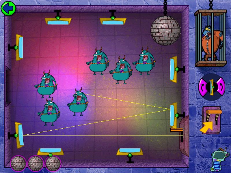 Cyberchase: Castleblanca Quest (Windows) screenshot: The Disco Deflector game-- line up the mirrors to reflect the beam to the disco ball without hitting the monsters