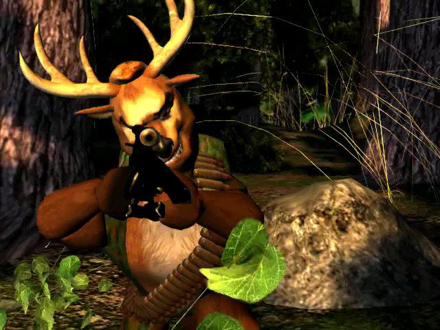 Deer Avenger 3D (Windows) screenshot: Clip from the opening movie depicting Bambo taking aim at a hunter.