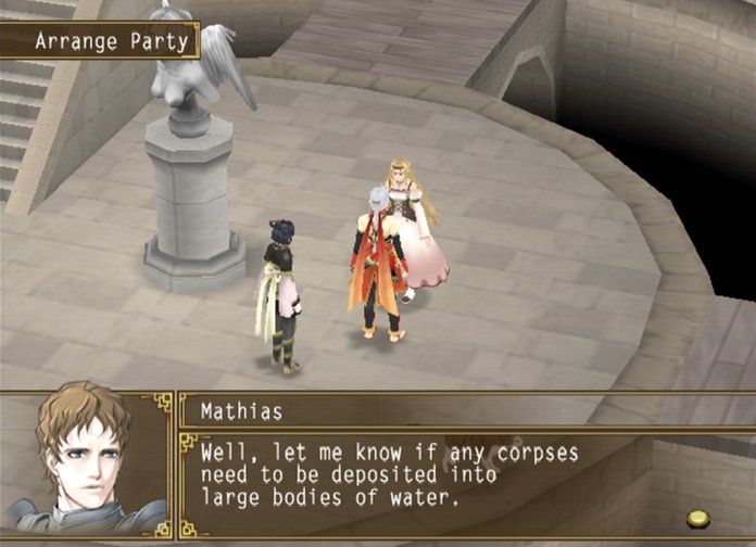 Suikoden V (PlayStation 2) screenshot: Mathias loves to deposit corpses into large bodies of water