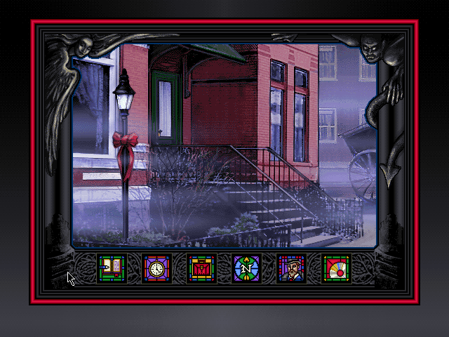 Dracula Unleashed (DOS) screenshot: Atmospheric illustrations of locations before you enter them. This is your home; your transportation, a carriage, awaits on the right.