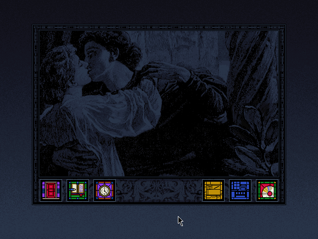 Dracula Unleashed (DOS) screenshot: Detailed location-specific etchings and engravings decorate the interface when the video clips have been completed