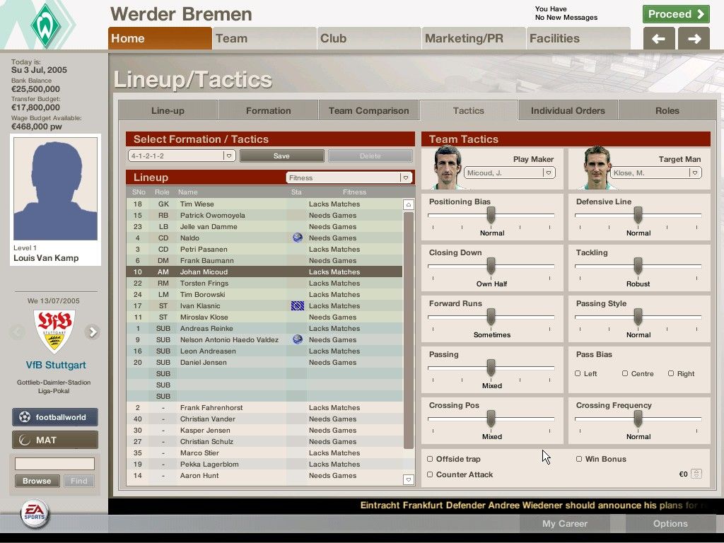 FIFA Manager 06 (Windows) screenshot: Global team tactics