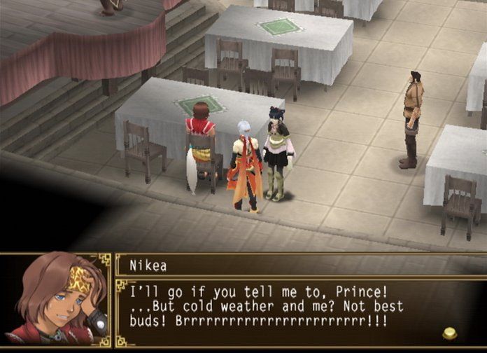 Suikoden V (PlayStation 2) screenshot: Nikea doesn't like cold weather