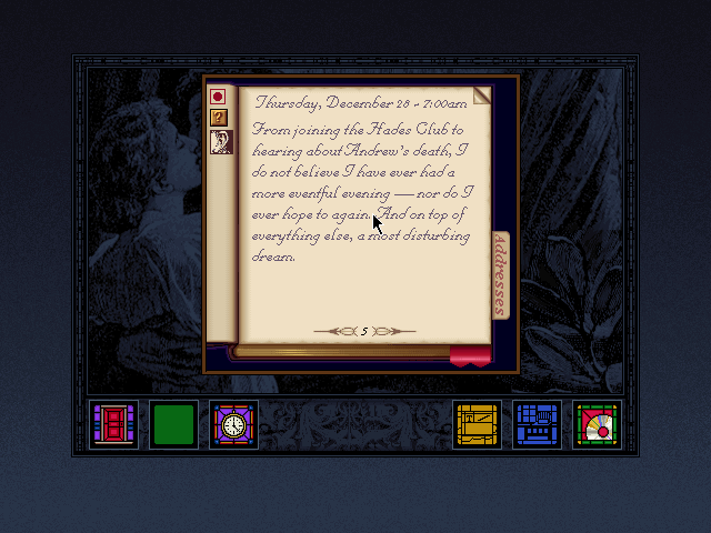 Dracula Unleashed (DOS) screenshot: Reading one's automatic notes taken following encounters
