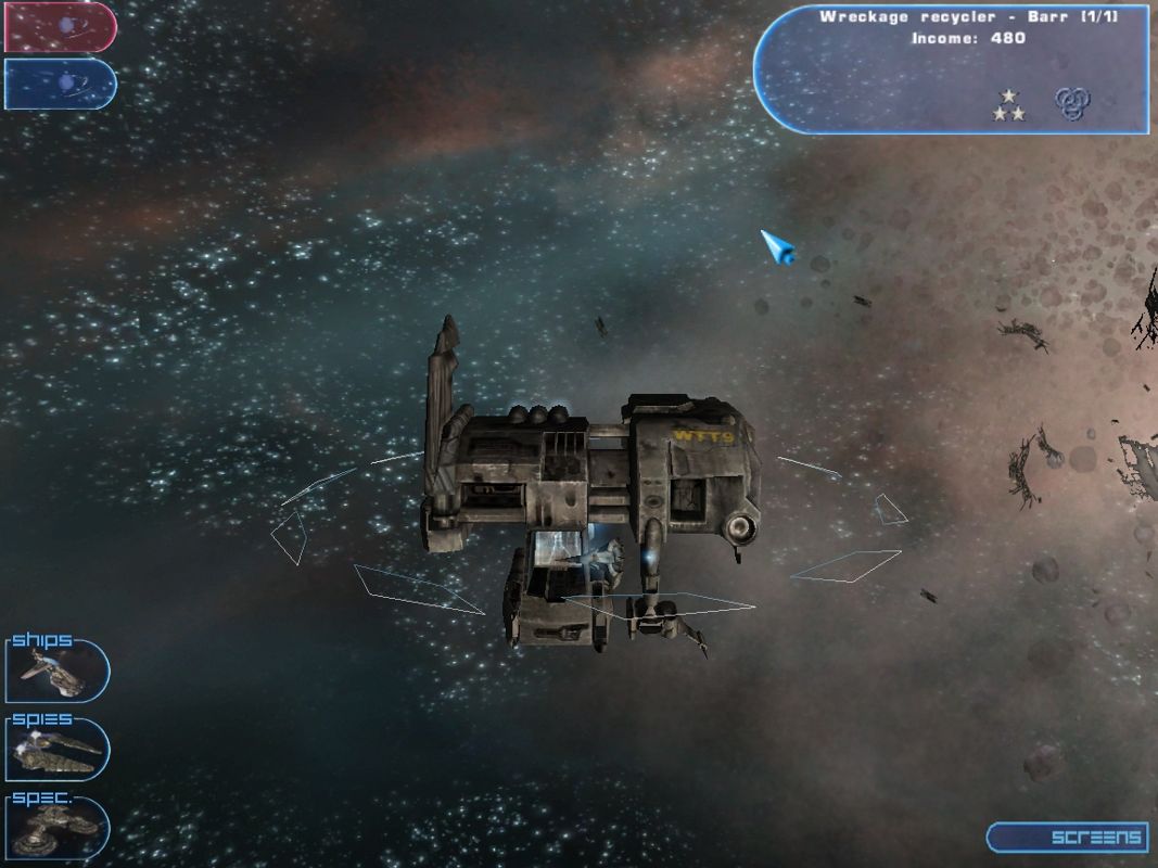 Hegemonia: Legions of Iron (Windows) screenshot: The Scrap Recycler is similar to a miner, but wanders the galaxy recyling the metal from defeated space craft. Destroying larger enemy fleets makes more wreckage for it to recycle.
