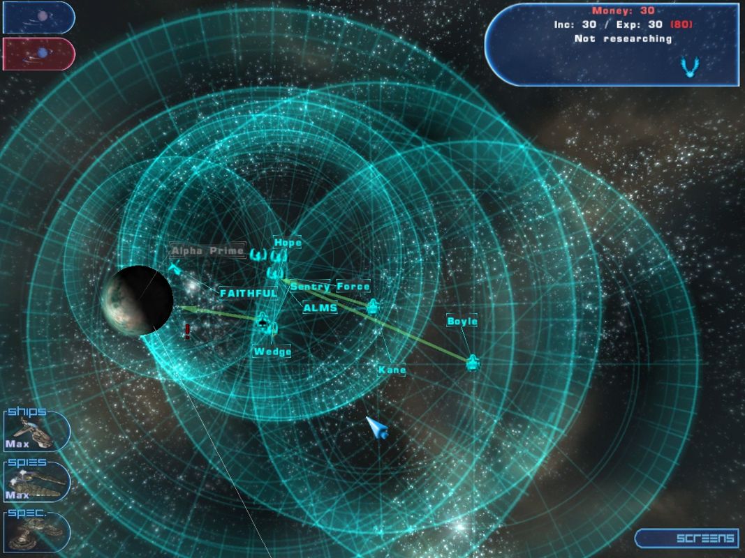 Hegemonia: Legions of Iron (Windows) screenshot: Each unit has its own radar range, shown on the map. Here are multiple overlapping radars.