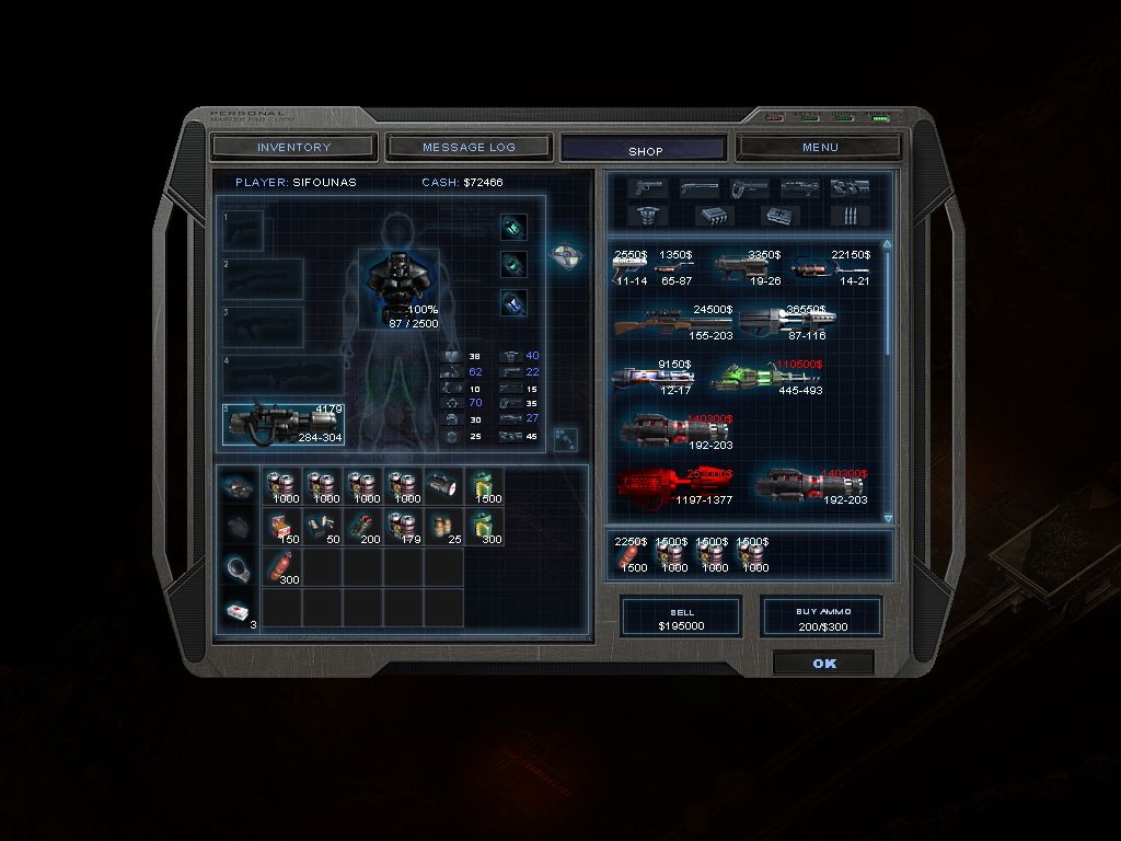 Alien Shooter: Vengeance (Windows) screenshot: The weapons and shop equipment's screen
