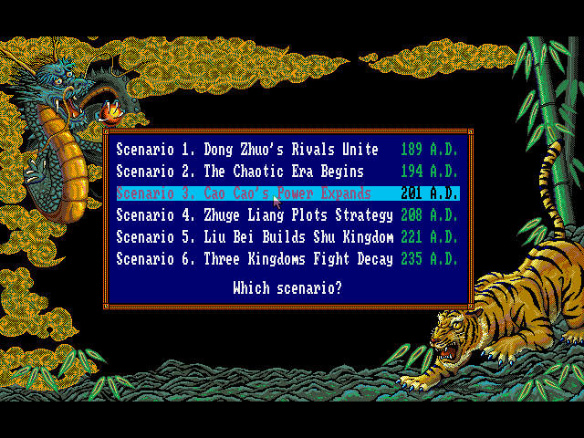 Romance of the Three Kingdoms III: Dragon of Destiny (DOS) screenshot: Choosing one of the many historical scenarios