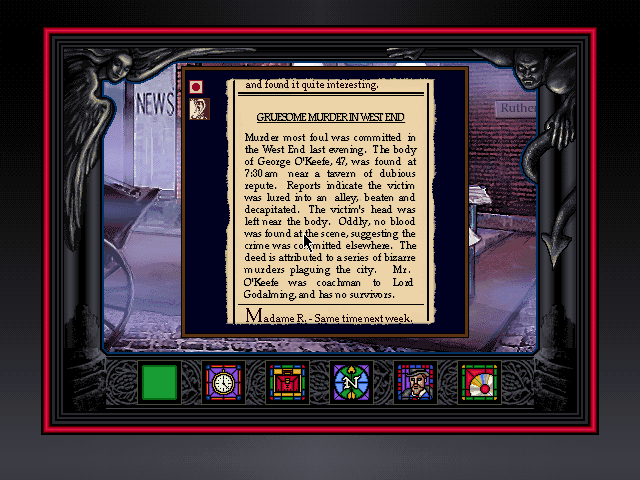 Dracula Unleashed (DOS) screenshot: Perusing further detail in the newspaper