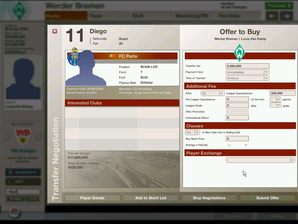FIFA Manager 06 (Windows) screenshot: Making an offer.