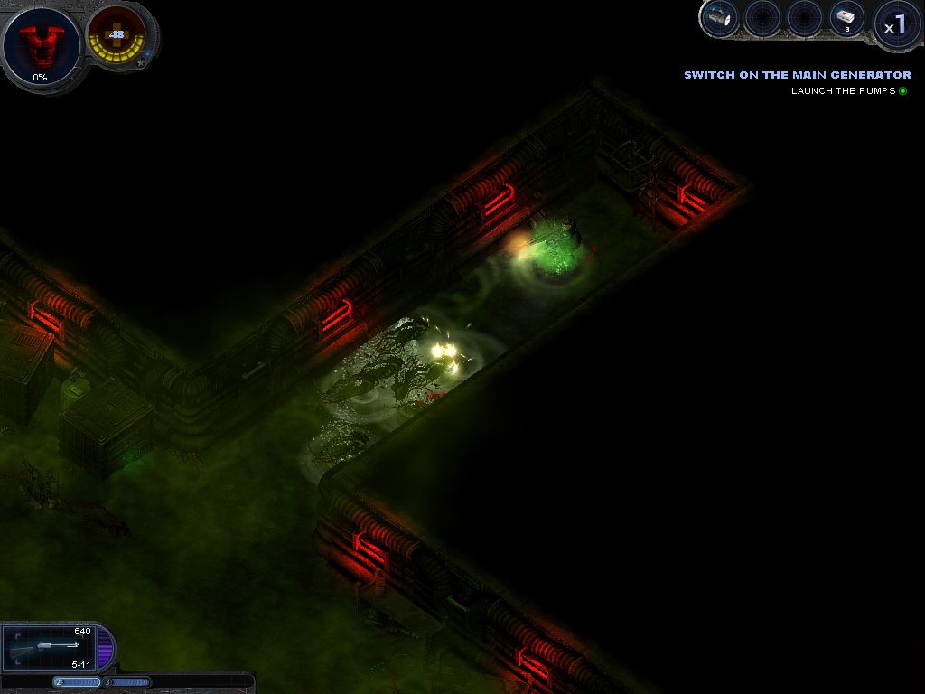 Alien Shooter: Vengeance (Windows) screenshot: Some areas are flooded with water and packed with nasty alien squids that fire plasma balls.