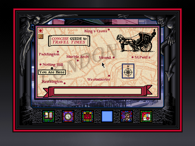 Dracula Unleashed (DOS) screenshot: Calculating travel times with a map of London