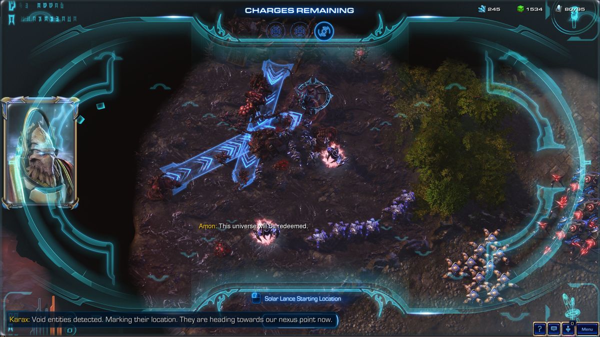 StarCraft II: Legacy of the Void (Windows) screenshot: Orbital strike against the zerg forces is an overkill as our ground forces are more than a match for them