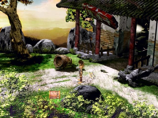Lü Bu yu Diao Chan (Windows) screenshot: In front of an abandoned temple. Note the brightly colored treasure chest.