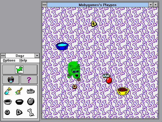 Dogz: Your Computer Pet (Windows 3.x) screenshot: You can change the dog's color and the background.