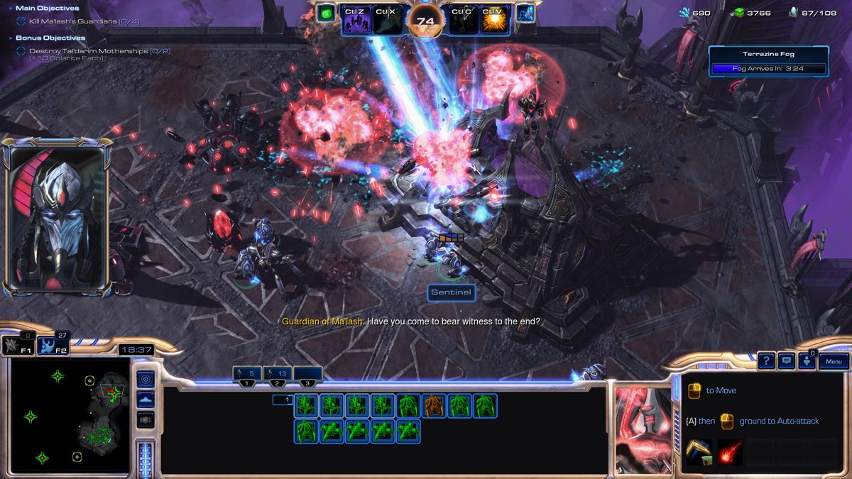 StarCraft II: Legacy of the Void (Windows) screenshot: Bombarding one of the Ma'lash's Guardians' portals